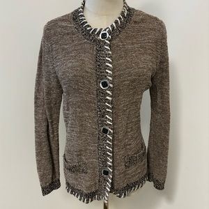 Evelyn & Arthur Linen Blend Knit Tan/Brown Cardigan with Contrast Stitching